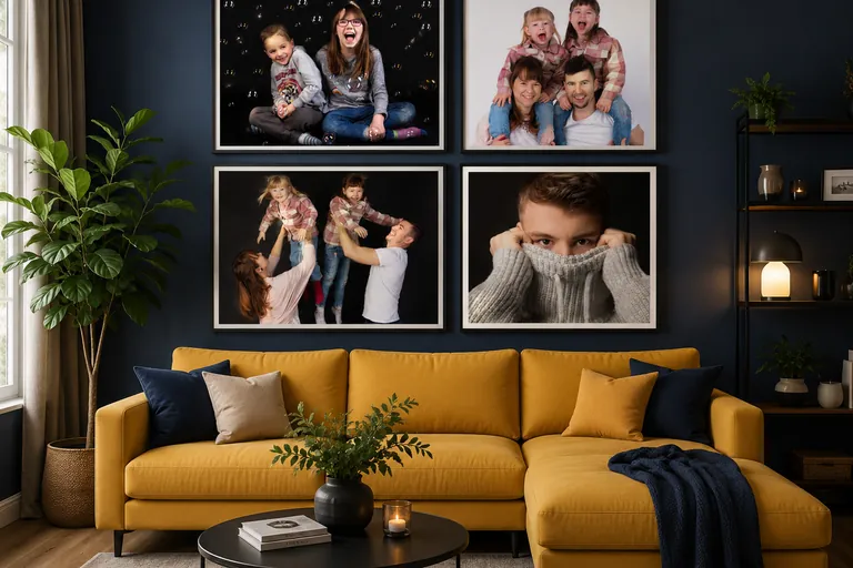 Familienbilder als Wandbilder über einem Sofa im Wohnzimmer