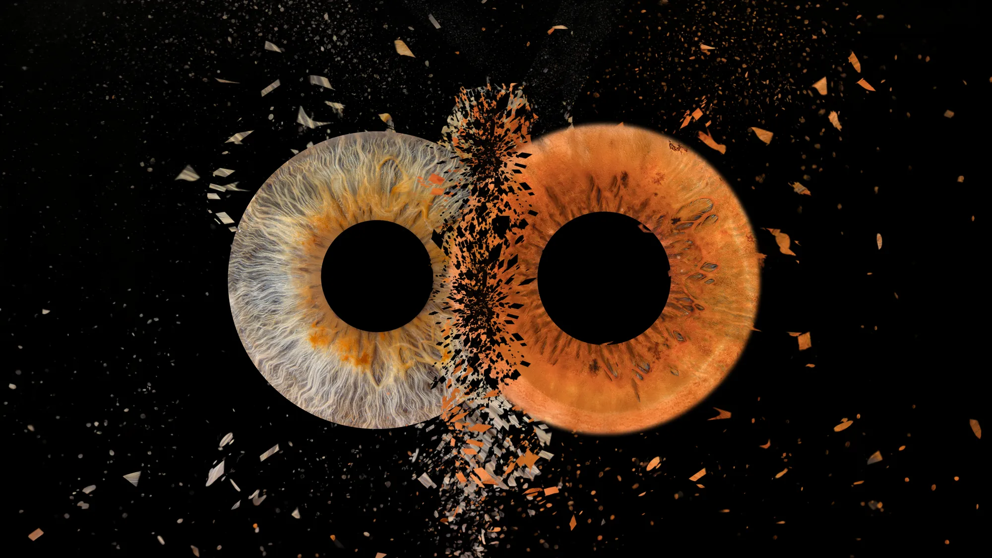 Irisfotografie aus Jena: zwei Augen in Silber und Orange als großformatiges Kunstwerk