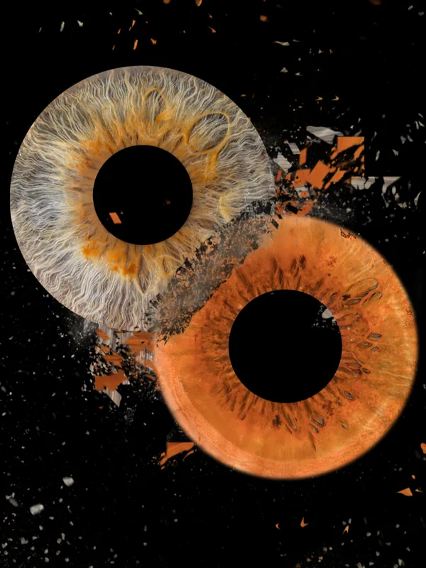 Irisfotografie aus Jena: zwei Augen in Silber und Orange als Partnerbild