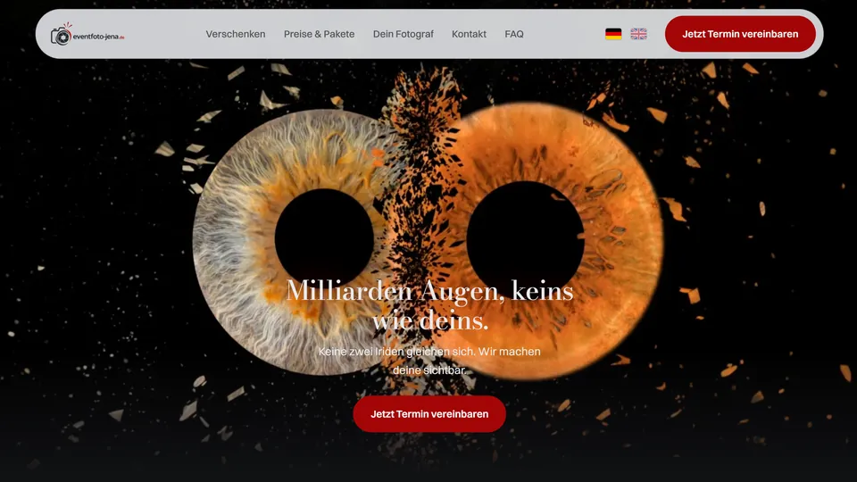 Startseite von iris-fotografie-jena.de mit zwei Irisfotografien und dem Satz Milliarden Augen, keins wie deins